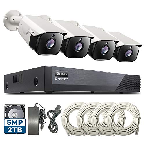 ONWOTE Audio 5MP 8CH PoE Security Camera System, 8 Channel 5MP HD H.265 Onvif NVR 2TB HDD, 4 Outdoor 5MP 2592x1944P HD IP Cameras, 100ft IR, Add 4 More Cameras, Remote Home Monitoring System