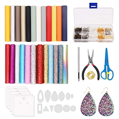 Alritz Leather Earring Making Kit 24 Pieces Litchi and Glitter Faux Leather Sheets, Jumps Rings, Earring Hooks, Templates, Display Cards for Making Leather Earrings Bows and Crafts