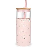 Tronco 20 oz Glass Tumbler with Lid and Straw, Iced Coffee Cup and Smoothie Cup with Bamboo Lids & Protective Silicone Sleeve, Dishwasher Safe, BPA-Free, Glass Cup 1 Pack