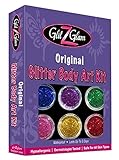 Original Glitter Tattoo Kit and Temporary Tattoos - HYPOALLERGENIC and DERMATOLOGIST TESTED!- by GlitZGlam with 6 LARGE Glitters Pots, Large Body Adhesive, Large Stencils & 2 Cosmetic Brushes