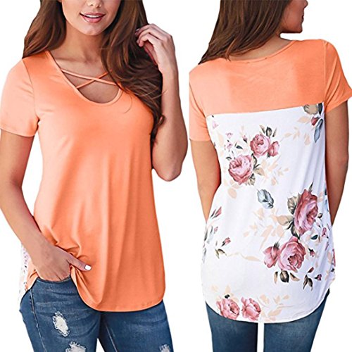 Alixyz Women Short Sleeve Cross Bandage T-Shirt Flower Printed Blouse Tunic Tops (M, Orange)