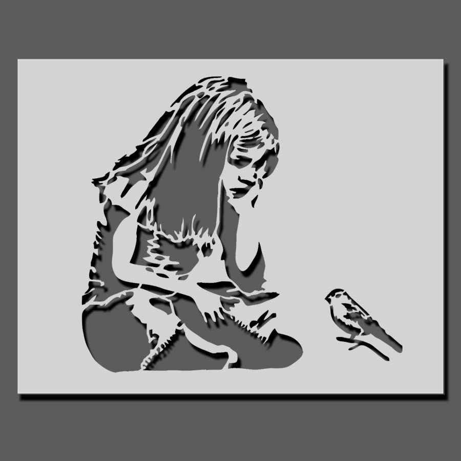 Banksy Girl Bluebird Stencil - A4 Size - Painting Stencil, Wall, Floor, Furniture, or Fabric Painting Stencil
