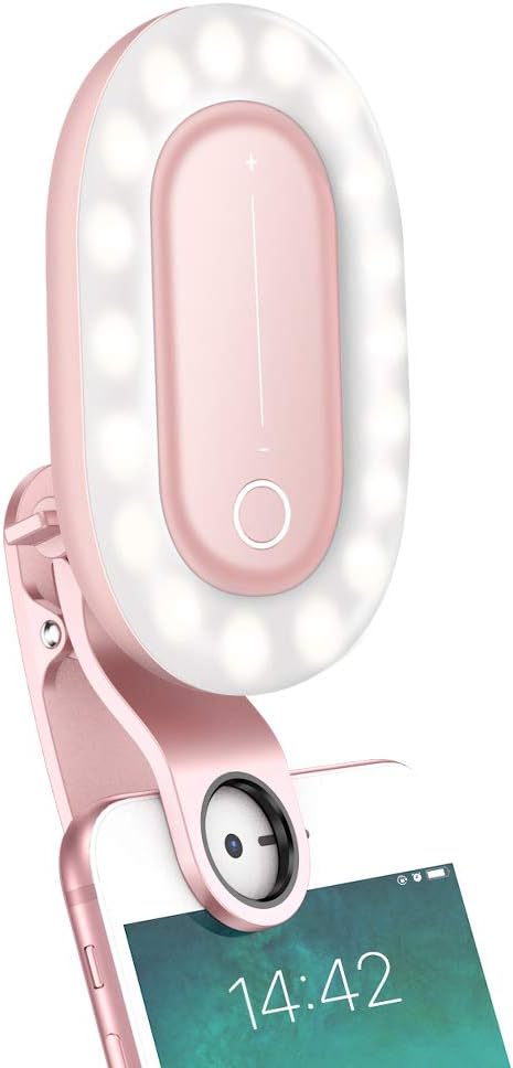 Selfie Light Ring for Camera and Video, Rechargeable Battery Operated Clip On Phone Light with 15-Level Brightness and 32 LED Bulbs for/Photo/and iPhone, iPad, Tablet, Laptop(Pink)