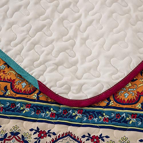 WONGS BEDDING Bohemian Quilt Set Queen, Boho Striped Pattern Printed Quilt Coverlet for All Season, Soft Microfiber Boho Bedspread 90x90 inches(3 Pieces, Colorful)