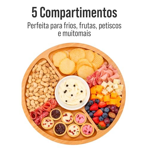 Petisqueira Redonda com Tampa e Travas 30 cm, Bandeja com 5 Divisórias de Acrílico, Porta Petiscos, Organizador para Frios, Snacks e Aperitivos, Cores Branco e Preto (Preto, Redondo)