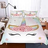 APJJQ Unicorn Duvet Cover Set Full/Queen Size,Floral Feather Eyelashes Unicorn Head with Pink/Blue/Gold Stars Background White 2 Piece with 1 Pillow Sham Kids Bedding Set for Boys,Girls and Teens