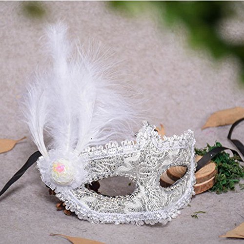 Veewon Fashion Venetian Face Mask Feather Decoration Women Masquerade Masks for Halloween, Masquerade, Costume Party (White)