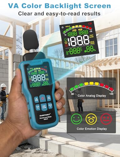 Fonometro, DURFICST Misuratore di Decibel con Misurazione di Temperatura e Umidità, 30-130 dB, Display LCD a Colori, Ponderazione A/C, Unità dB/SONE, Risposta VELOCE/LENTA, per Casa, Fabbrica, Ufficio
