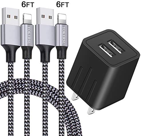 YOKERSU USB Wall Charger Dual Port Plug AC Power Phone Adapter(ETL Listed) Nylon Braided Fast Charging Cable 2Pack 6Ft Data Sync Transfer Cord Compatible with Phone Tablet