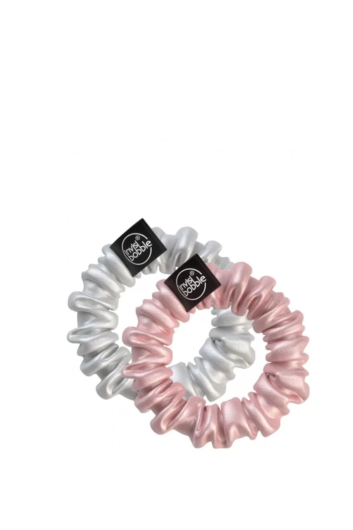 Invisibobble Pink and Silver Satin Hair scrunchies x2 Sprunchie Slim - Scrunchie Hair Elastic with a Spiral Elastic Inside Satin,IB-SPSL-HP10002