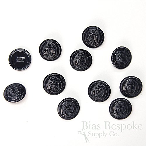 Set of 12 Navy Enamel-Covered Metal Anchor Buttons, 32 Line