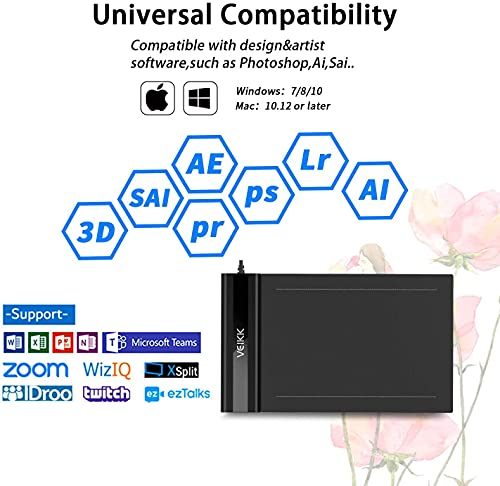 VEIKK S640 Tavoletta Grafica con Penna Senza Batteria, 8192 Sensibilità Alla Pressione, 6 x 4 Pollici Tavolette Grafiche per Disegnare, Giochi OSU, Lezioni Online, Firma Elettronica ecc (Nero)