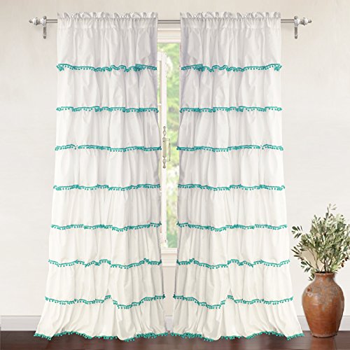 DriftAway Pom Pom Ruffle Design Window Curtain Drapes for Bedroom, Livingroom, Kids Room, Children, Nursery, Single Panel, One Panel, 52x84 Plus 2