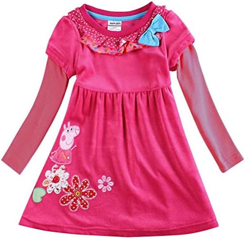 Girls Beautiful Embroidery Peppa Pig Cartoon Cotton Dress,Rose Red,4/5Y