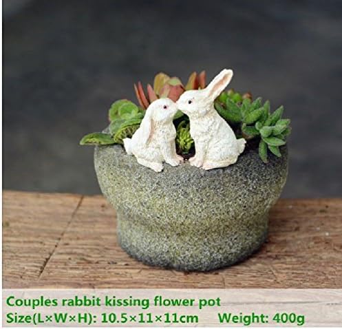 Fairy Garden Terrarium Bunny Rabbits Kissing On Functional Stone Flowerpot For Succulents Outdoor