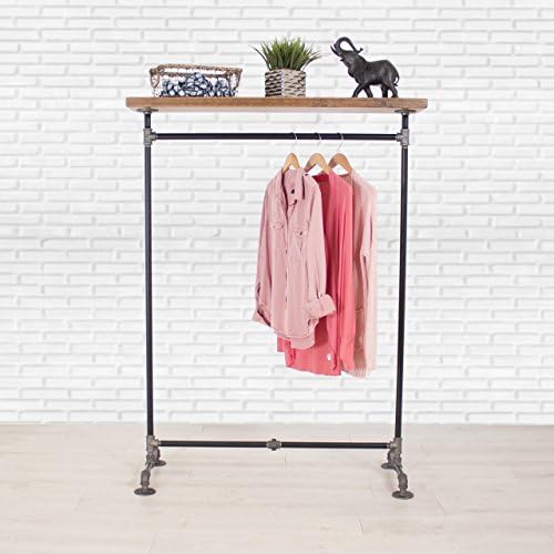 Industrial Pipe Clothing Rack with Solid Wood Top Shelving by William Robert's Vintage