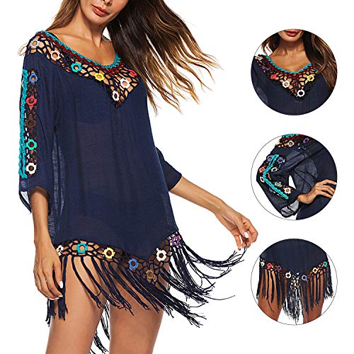 Damen Bikini Cover up Sommer Strandkleider Bademode Crochet Stricken Spliced Quaste Kleider – Bild 3