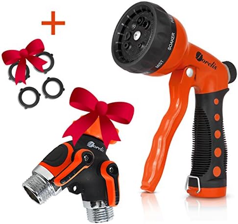 Forelis Hose Nozzle and 2 Way Splitter Set - Premium 8 Pattern Water Sprayer. High Pressure and Robust