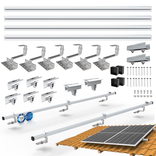 Nuasol PV Halterung Ziegeldach Set 2 Module – Solarmodul & Solarpanel Halterung | Balkonkraftwerk Dachmontage | Dachhaken inkl. Aluprofil, Schienen, 3