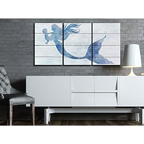 3 Piece Canvas Wall Art - Mother Mermaid and Baby Mermaid on Rustic Wood Background (Stye 1) - Modern Home Art Stretched and Framed Ready to Hang - 16"x24"x3 Panels