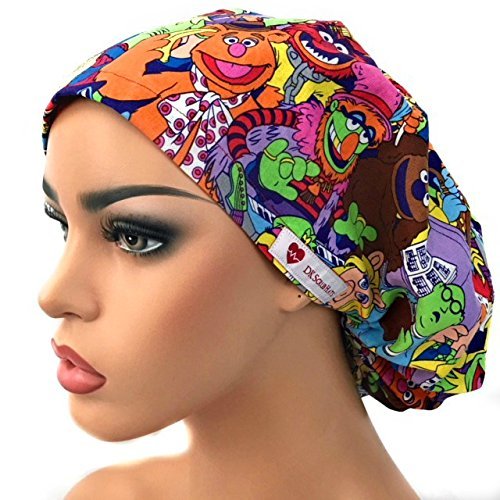 DK Scrub Hats Womenâ€™s Adjustable Bouffant Scrub Hat Ponytail Surgical Cap Retro Cartoon Characters