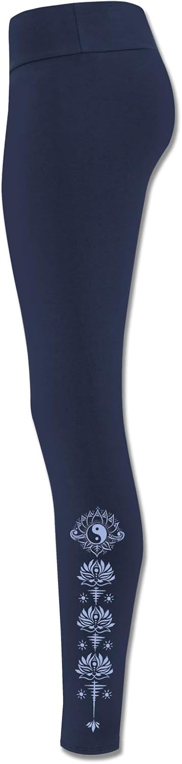 Soul Flower Women's Yin Yang Organic Cotton Leggings, Navy Blue Ladies Full Length Stretchy Long Basic Fitted Yoga Pants