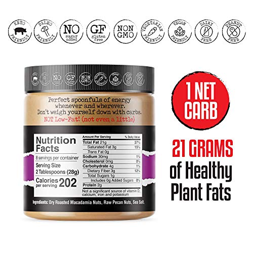 FBOMB Macadamia Nut Butter: Keto Fat Bombs, Natural Roasted Macadamia Nuts | High Fat, Low Carb Snack, High Quality Energy | Paleo, Whole30, Keto Snacks | Macadamia & Pecan - 8 oz Jar