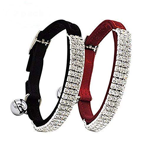 CHUKCHI Soft Velvet Safe Cat Adjustable Collar Bling Diamante With Bells,11 inch for small dogs and cats (Black+Red) …
