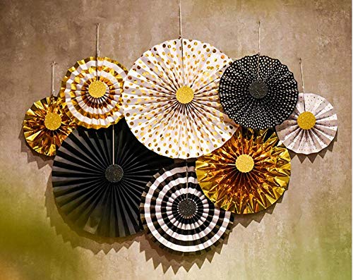 zorpia Gold Party Hanging Paper Fans Decoration Set for Wedding Birthday Party Baby Showers Round Events Accessories Set of 8 - Thumbnail 4