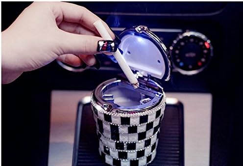 hand made blue light (replaceable battery) car ashtray cup holder,ashtray with lid,Stub Out Glow in the Dark Rhinestone Crystal Diamond bling (black-white for car)