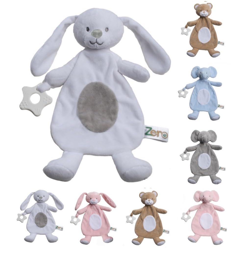 OnlyBee Newborn Baby Comforters with Taggies and Teether Elephant Bunny Teddy Bear (Newborn to 0 Months, White Rabbit)