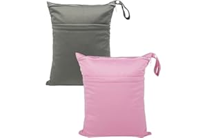 babeine Wet Dry Bags 2 Pack for Baby Cloth Diapers, Waterproof Reusable with Two Zippered Pockets Travel Beach Pool Soiled Baby Items Yoga Gym Bag for Swimsuits or Wet Clothes (pink and grey)