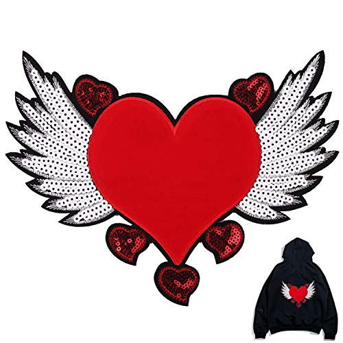 JKJF Large Heart Sequins Patch with Flying Wings Sequins Patch Sew on Patches Embroidered Badge Motif Applique Compatible Clothing Jeans T-Shirt DIY Sewing Apparel Accessories (2 Pieces)