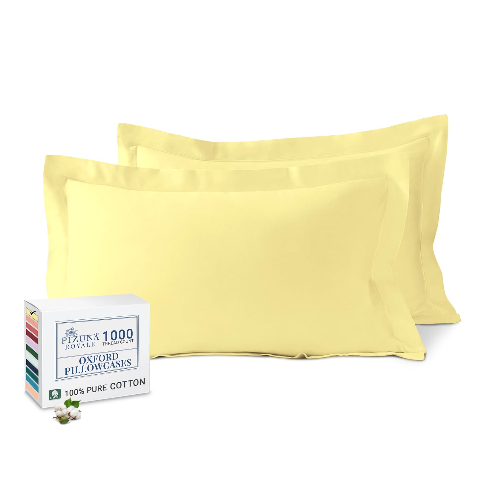 Pizuna Luxurios Cotton King Size Oxford Pillowcases 2 Pack Mellow Yellow 50x90cm, 1000 Thread Count Long Staple Combed Cotton Thick Pillow Cover, Soft Sateen King Pillow Cases (Cooling Pillowcase) โ image 1