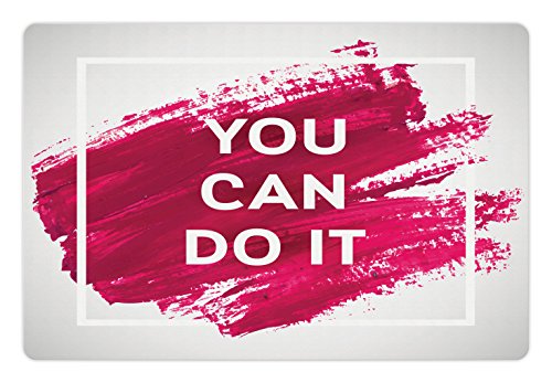 Lunarable Quote Pet Mats for Food and Water, Motivational You Can Do It Typography on Acrylic Paint Smear Background, Rectangle Non-Slip Rubber Mat for Dogs and Cats, Magenta Pearl and White