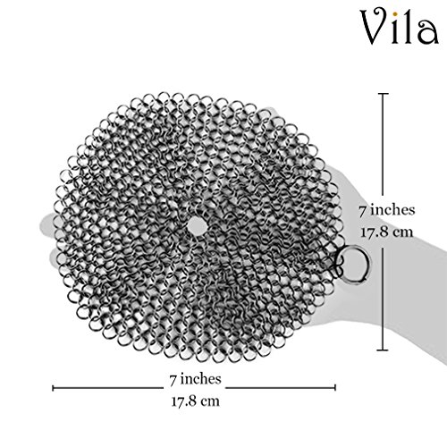 Cast Iron Cleaner - Lightweight, Flexible and Rust Proof Chainmail Scrubber - Cleans Cookware like New with No Scratches or Residue - 7” Round Stainless Steel Brush Cloth for Pots, Pans and Bakeware