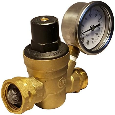 MMDetailz RV Water Pressure Regulator with DURABLE PRESSURE GAUGE WITH OIL and BONUS SCREWDRIVER - Brass Lead Free Adjustable Water Pressure Valve Reducer - RV Water Screen Inlet Filter for Water Flow
