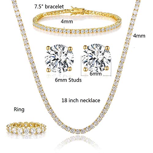 GEMSME 18K Yellow Gold Plated Tennis Necklace/Bracelet/Earrings/Band Ring Sets Pack of 4 (10)