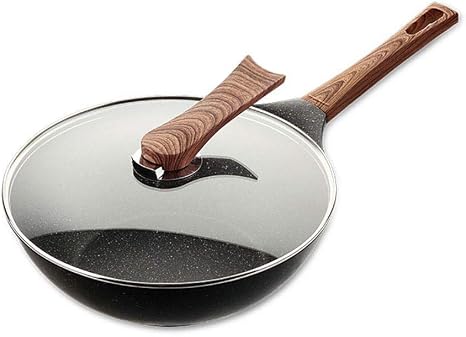 Amazon 麦飯石鍋 ノンスティック鍋 多機能鍋 家庭用調理鍋 揚げ鍋 ガラスカバー付き 木製ハンドル すべてのストーブに適しています 中華鍋 オンライン通販