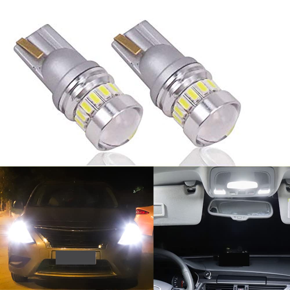 Eseastar T10 W5W 501 LED Bulbs 6000K White 194 168 161 12961 175 239 2825 12V-24V with Projector For Car Sidelight Backup Interior Dome Number Plate Light, 2 Pack