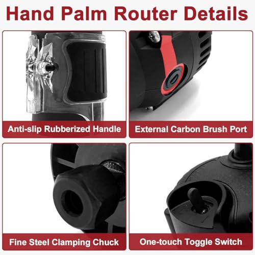 Wood Router 800W Compact Electric Trimmer Laminate 30000r/min, Wood Router with 15pcs Milling Cutter Edge Guides 1/4" 6.35mm Hand Palm Woodwork Machine Joiner Tool for DIY Slotting Trimming Handicraft