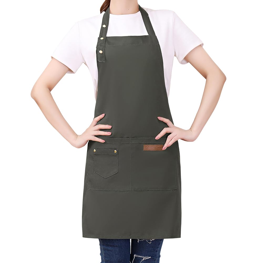 Cotton Canvas Aprons for Stylist Bartender Gardener Server Waitress Maids Apron Adjustable Straps with Pockets