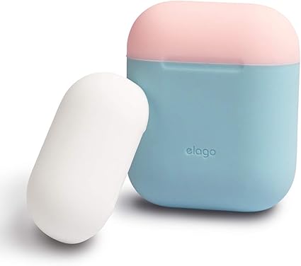 elago Duo Case Compatible with Apple AirPods 1 & 2 [Body-Pastel Blue/Top-Pink, White] - Two Color Caps, Protective Silicone, No Hinge, Support Wireless Charging (Front LED Not Visible) best AirPods case