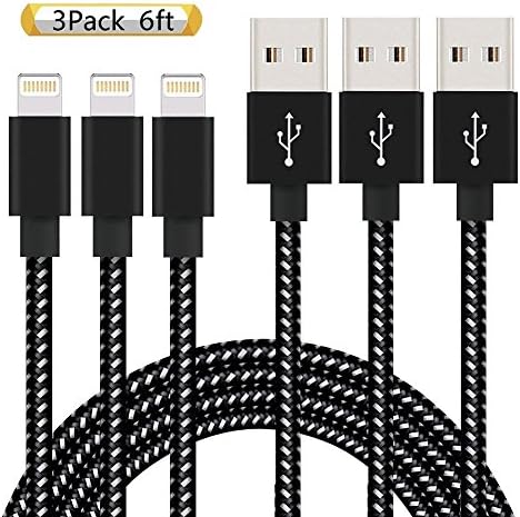 Lightning Cable, MXKICKJ Charger Cables 3Pack 6FT to USB Syncing and Charging Cable Data Nylon Braided Cord Charger for iPhone 7/7 Plus/6/6 Plus/6s/6s Plus/5/5s/5c/SE and more (Black)