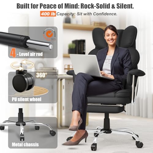 Big and Tall Office Chair,Leather Executive Office Desk Chair with Lumbar Support,400bls Comfy Ergonomic High-Back Reclining Computer Chairs,Swivel Rolling Wheels and Retractable Footrest