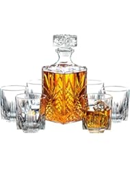 Paksh Novelty 7-Piece Italian Crafted Glass Decanter & Whisky Glasses Set, Elegant Whiskey Decanter with Ornate Stopper and 6 Exquisite Cocktail Glasses