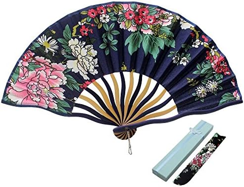 JSSWB Mini Handmade Black Silk Folding Fan with Blooming Flowers (MINI006)