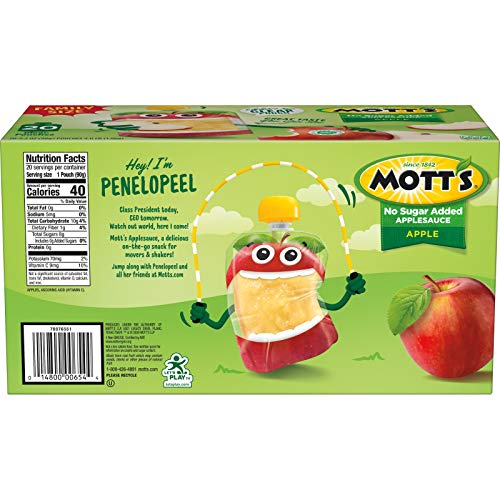 MOTT’S NO SUGAR ADDED APPLESAUCE, MADE FROM REAL FRUIT, NO ARTIFICIAL FLAVORS, 3.2 OZ CLEAR POUCHES, 20 PACK