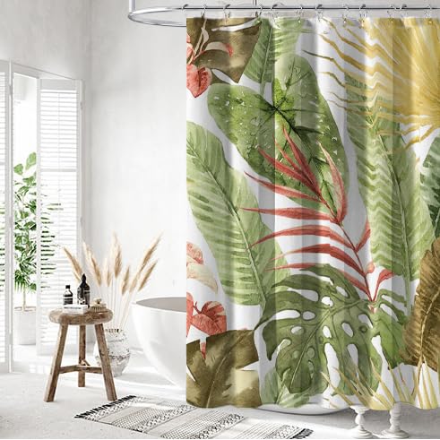 Photo 1 of yurlisa Bohemian Style Green Shower Curtain 72x72 Inches, Unique Boho Palm Leaves Theme Shower Curtain Sets with 12 Hooks,Botanical Waterproof and Weighted Fabric Shower Curtains for Bathroom