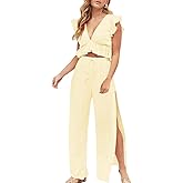 FANCYINN Womens 2 Pieces Outfits Deep V Neck Crop Top Side Slit Drawstring Wide Leg Pants Set Jumpsuits